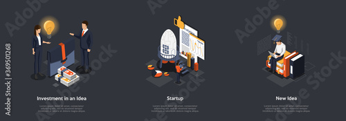 Concept Of Developing New Idea And Startup. Characters Working On New Idea And Making It Happen. Process Of New Idea Creation, Investor Searching And Risks Analysing. Isometric 3D Vector Illustration