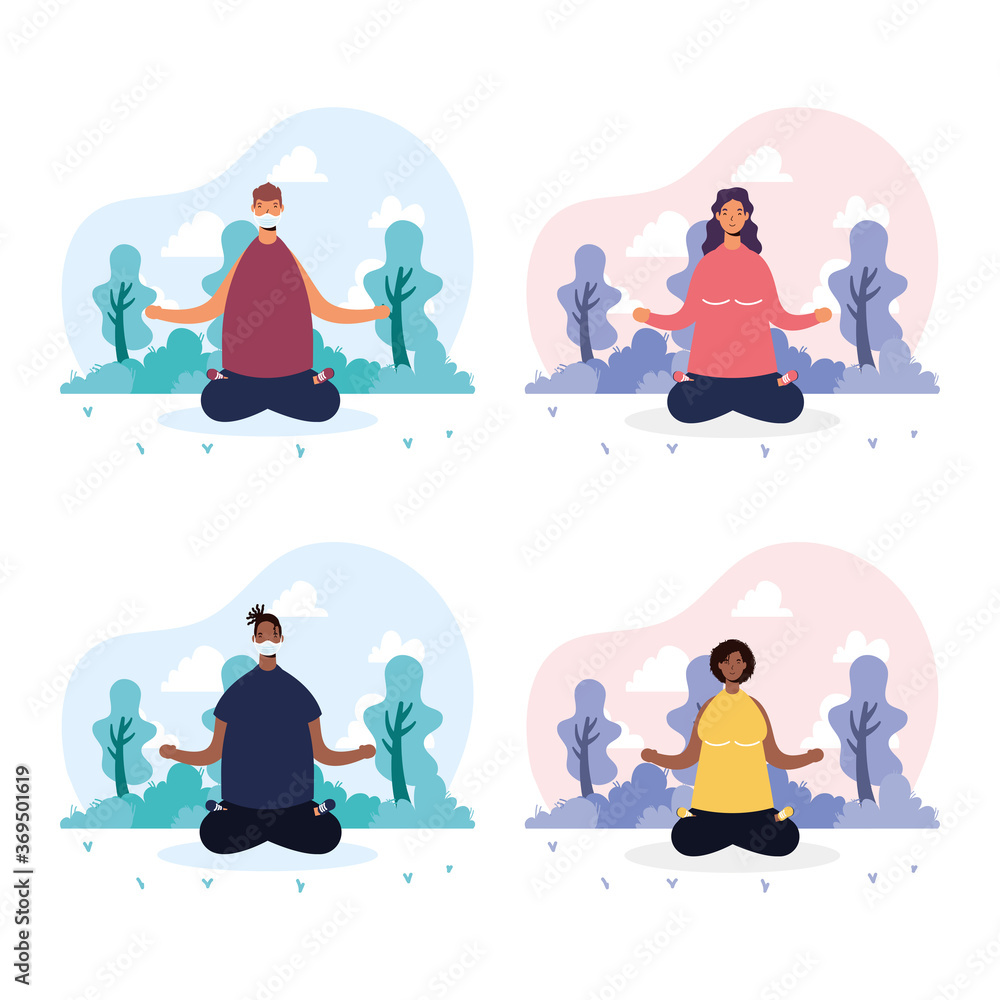 interracial young people wearing medical masks practicing yoga interracial young people wearing medical masks practicing yoga