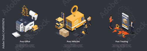 Post Office Work. Customers Bring Parcels To Post Office, Workers Loading And Delivery Parcels To Van Using Pallet Jack And Forklift. Possibility Of Parcel Tracking. Isometric 3d Vector Illustration