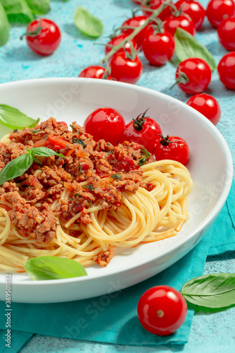 Spaghetti with tomato meat bolognese sauce.