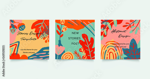 Autumn Social media stories and post template vector set. Cover background with Abstract shape and floral.  Autumn sale banner Vector illustration.