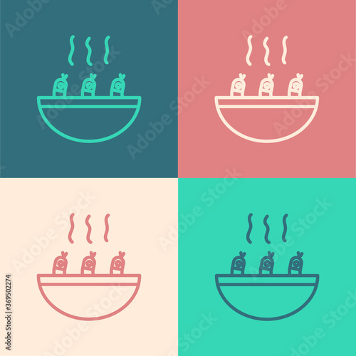 Pop art line Soup with shrimps icon isolated on color background. Tom yum kung soup. Vector..
