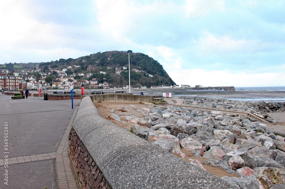 A view of Porlock hill on Exmoor from the esplanade at Minehead in Somerset