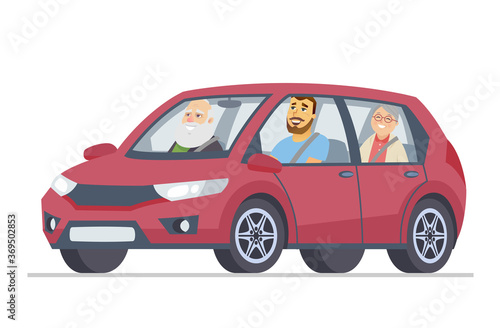 Grandparents in a car - cartoon people character vector illustration