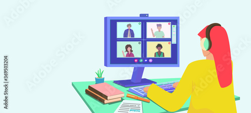 Woman meeting online with international team worker at working table at home,illustration picture.