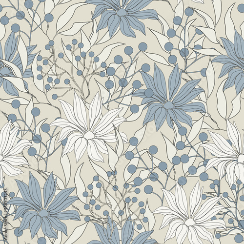 Floral seamless pattern with large daisies. Vector textile texture in camouflage colors for fabric.