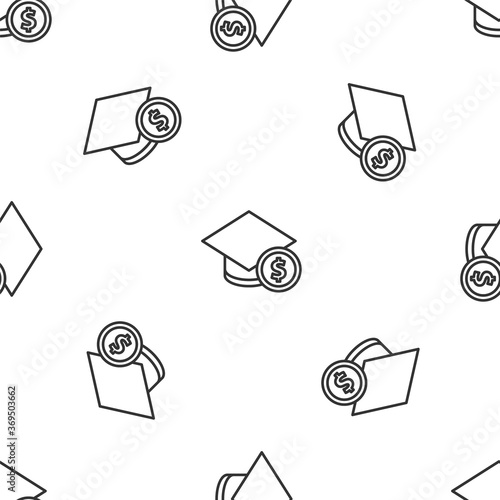 Grey line Graduation cap and coin icon isolated seamless pattern on white background. Education and money. Concept of scholarship cost or loan, tuition or study fee. Vector..