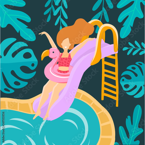Young white woman rides a water slide with a splash in the water park to the pool. Cheerful woman having fun on the water slide in the water park. Vector illustration in flat style isolated on white