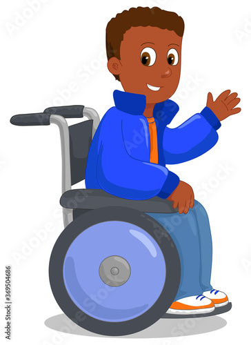 Smiling african american child on his wheelchair vector