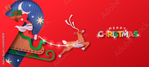 Merry Christmas papercut santa claus sled banner