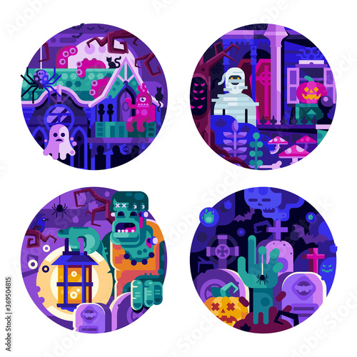 Halloween Circle Icons with Monster Creatures