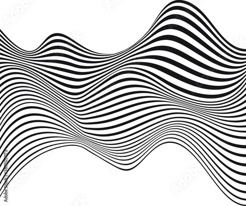 Black curvy distorted horizontal stripes. Op art. Wavy stripes pattern. Abstract monochrome background. Modern shape. Design element for prints  web pages  template and textile pattern