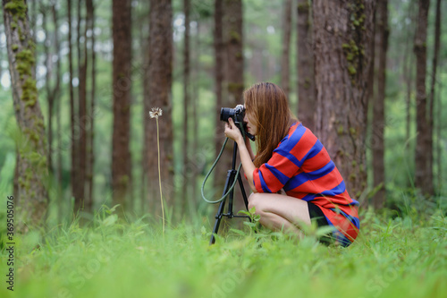 An Asian woman in a red dress holding a camera with a pine forest in the background © thanarak