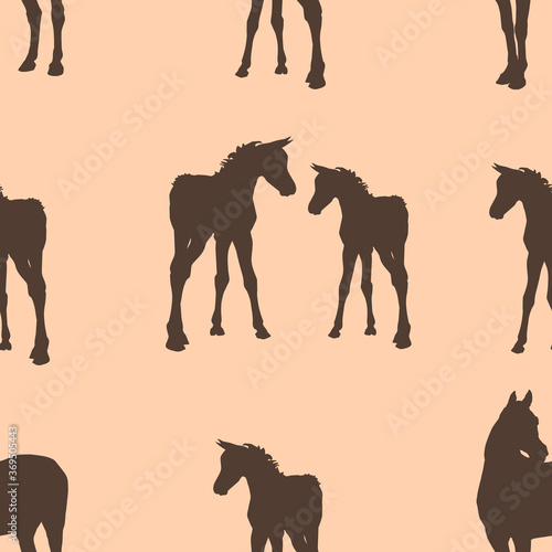 seamless background of figures of Arabian horses  a Mare with a foal and a stallion on a pink background