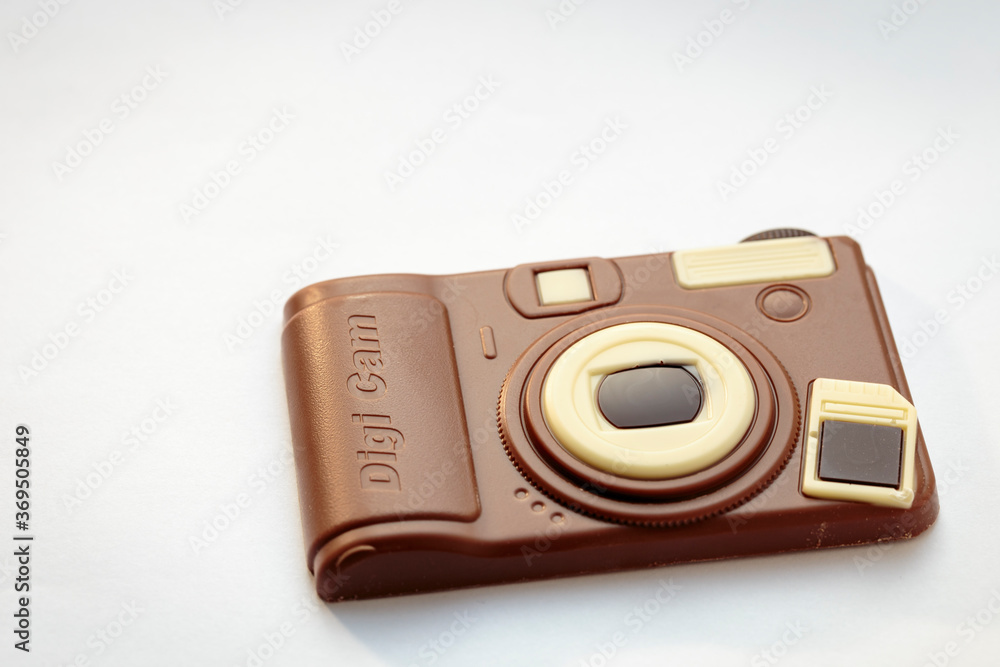 Camera-shaped chocolate bar, created from milk chocolate and white chocolate