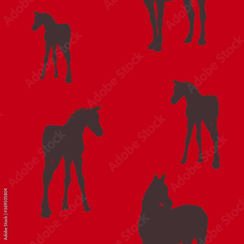 seamless background of figures of Arabian horses, a Mare with a foal and a stallion on a white background