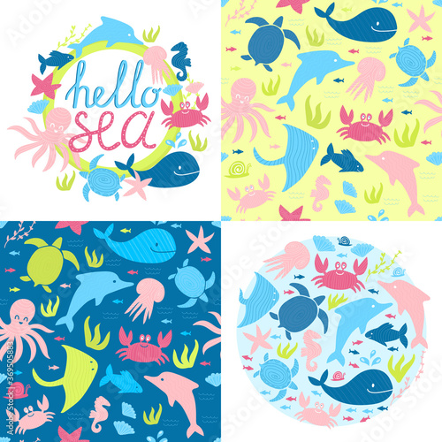 marine kids style set with sea animals