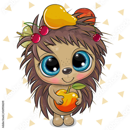 Cartoon Hedgehog with fruits on a white background