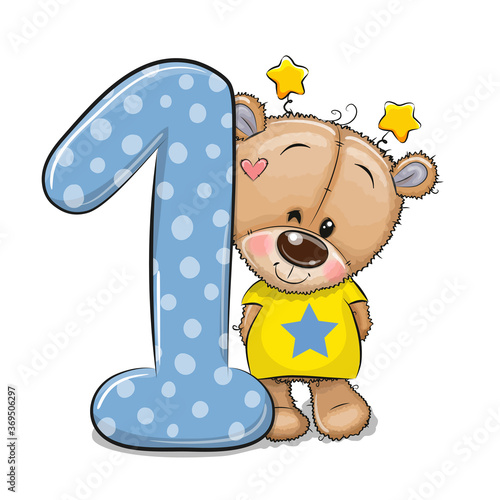 Cartoon Teddy Bear and number one isolated on a white background