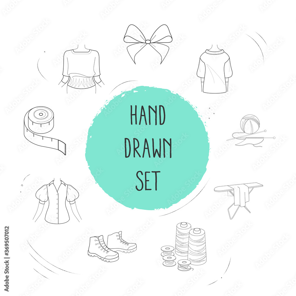 Set of garment icons line style symbols with spool, hiking boots ...