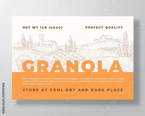 Granola Cereal Label Template. Oatmeal Abstract Vector Packaging Design Layout. Modern Typography Banner with Hand Drawn Rural Landscape Background.