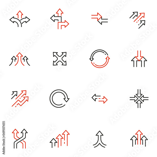 Vector Set of Linear Icons Related to arrow, direction, progress and path. Mono Line Pictograms and Infographics Design Elements