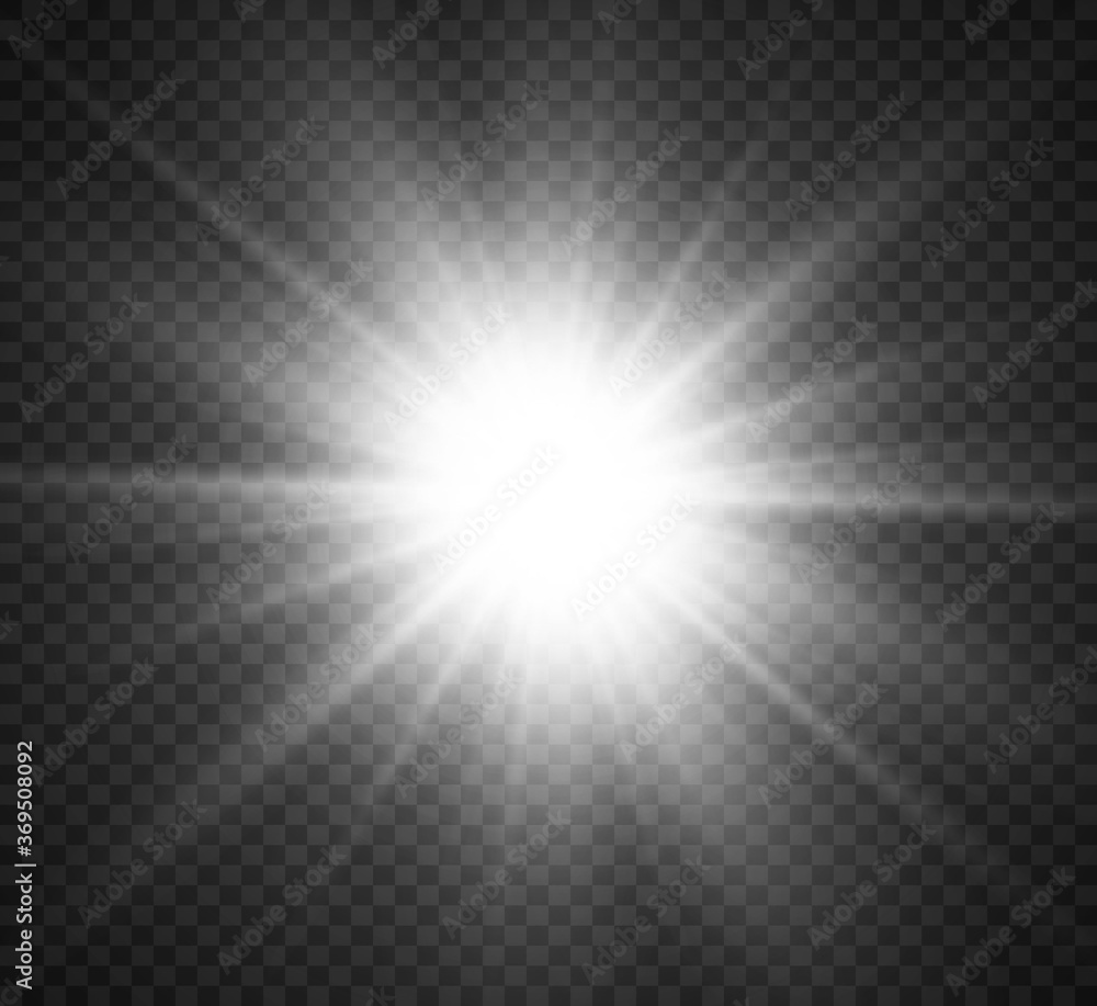 Special lens flash, light effect. The flash flashes rays and searchlight. illust.White glowing light. Beautiful star Light from the rays. The sun is backlit. Bright beautiful star. Sunlight. Glare. - obrazy, fototapety, plakaty 