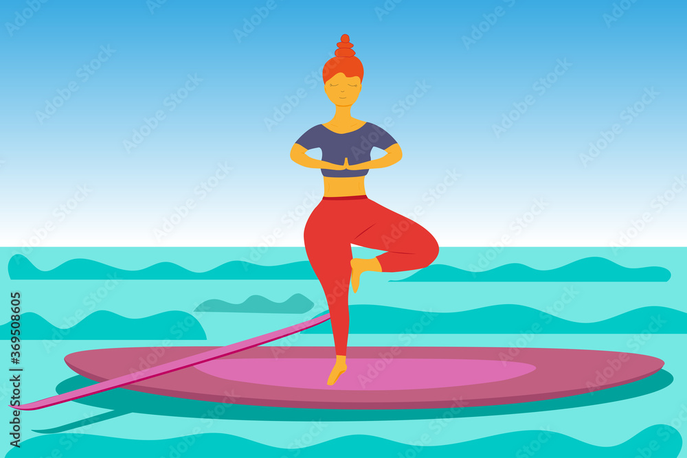 SUP Yoga. Stand up paddleboard yoga. The girl acts as an asana on the water, on a wide stable board. Outdoor activities. Balance on one leg.