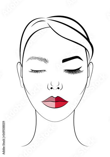 The face of a beautiful girl. Icon for beauty salon. Procedure for eyelash extension and permanent makeup. Eyebrow, eye, and lip tattoo before and after. 