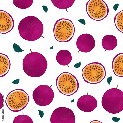 Seamless Tropical fruit pattern vector. passion fruits isolated on white background. Bright slice of tasty fruits. Vector Illustration