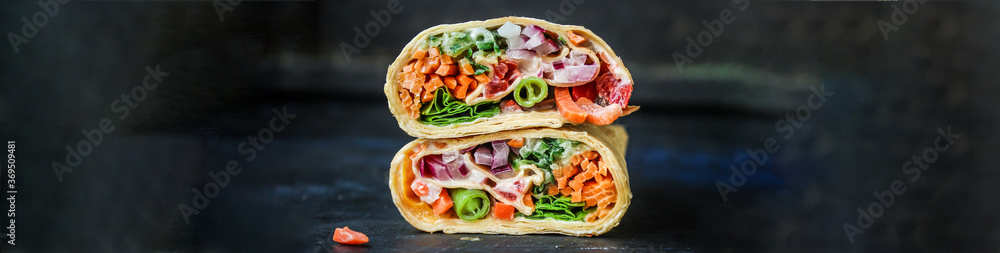 tortilla burrito wrap vegetables stuffing lavash vegetarian pita bread Menu concept Takeaway serving size fast food background top view copy space 