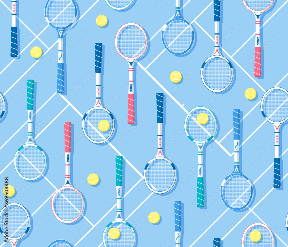 Repeat vector pattern with retro tennis rackets on blue tennis court ...