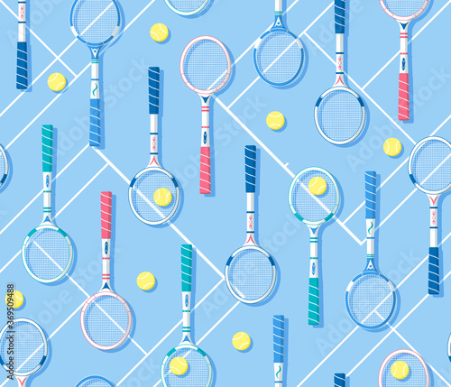 Repeat vector pattern with retro tennis rackets on blue tennis court background with yellow tennis balls. Back to school sports vector illustration 