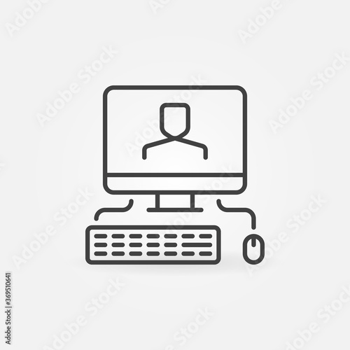 Computer with Man on Screen linear icon. Home Education vector concept outline symbol