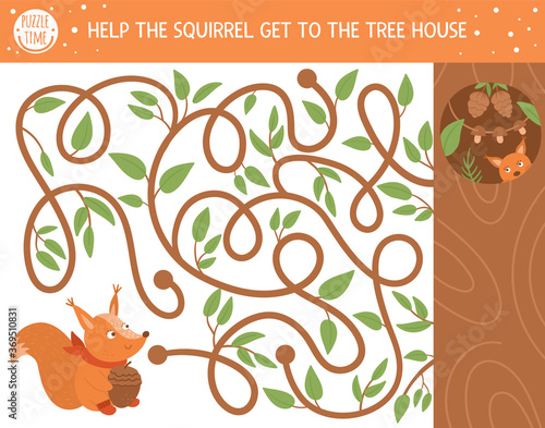 Autumn maze for children. Preschool printable educational activity. Funny fall season puzzle with cute animal. Help the squirrel get to the tree house. Forest game for kids. .
