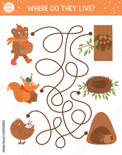 Autumn maze for children. Preschool printable educational activity. Funny fall season puzzle with cute woodland animals and their homes. Where do they live. Forest game for kids. .