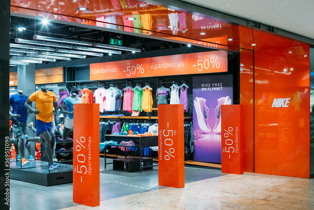 Vilnius Lithuania. Entrance To Nike Store At Acropolis Shopping Centre,  Time Of Discounts And Sales Stock Photo | Adobe Stock