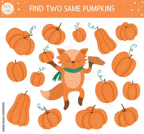Find two same pumpkins. Autumn matching activity for children. Funny educational fall season logical quiz worksheet for kids. Simple printable game with vegetables and cute orange fox.