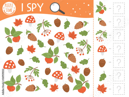 Autumn I spy game for kids. Searching and counting activity for preschool children with cute fall season plants. Funny printable worksheet for kids. Simple thanksgiving spotting puzzle..