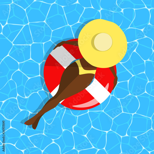 Woman on swimming ring concept. Dark skinned girl in a hat top view on blue water background. Relaxing character at sea, beach, pool. Rubber ring, bikini swimsuit, waves. Vector summer illustration