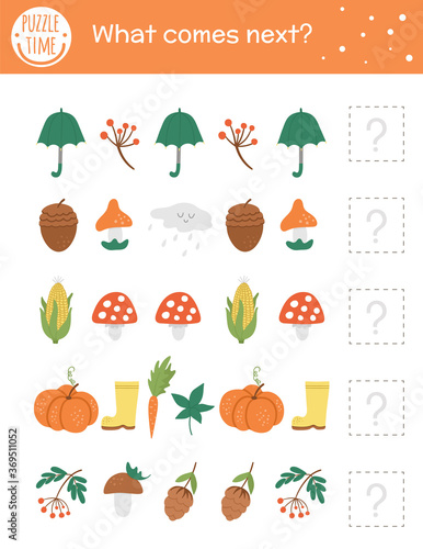 What comes next. Autumn matching activity for preschool children with fall season objects. Funny educational puzzle. Logical quiz worksheet. Continue the row. Simple forest game for kids.