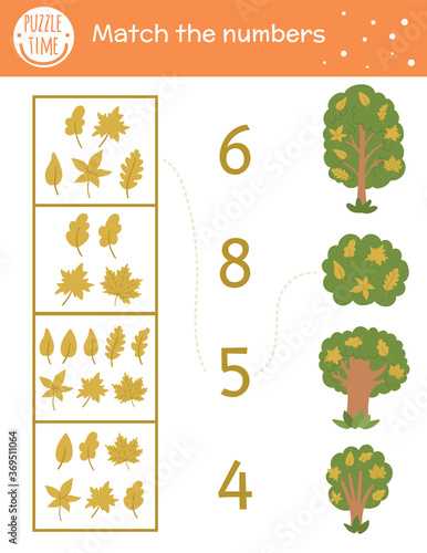 Matching game with yellow leaves and trees. Autumn math activity for preschool children. Fall season counting worksheet. Educational printable with cute funny elements for kids.