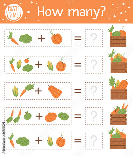 Counting game with vegetables and wooden case. Autumn activity for preschool children. Fall season math worksheet. Educational printable with cute funny harvest elements for kids.