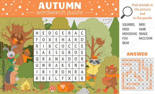 Vector fall season wordsearch puzzle for kids. Simple crossword with autumn scene and hiding forest animals for children. Educational keyword activity with cute funny woodland animals.