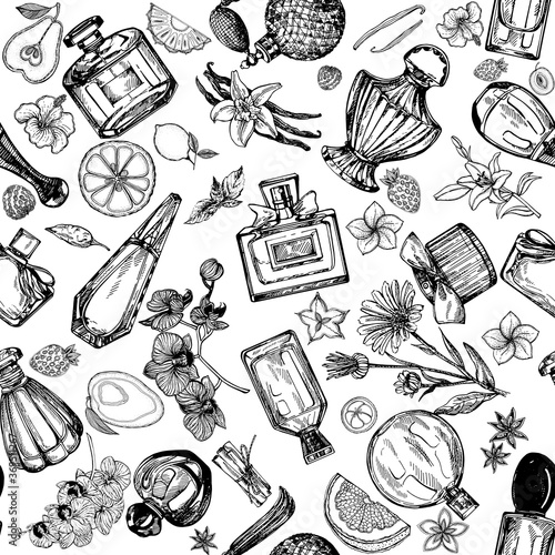 Seamless pattern of hand drawn sketch style bottles of perfume and plants isolated on white background. Vector illustration.