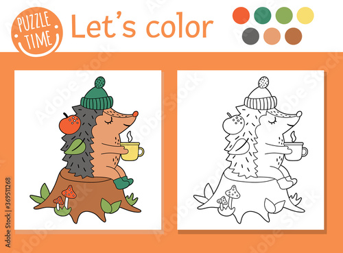 Autumn coloring page for children. Cute funny hedgehog with cup of tea sitting on the tree stump. Vector fall season outline illustration. Forest animal color book for kids with colored example.