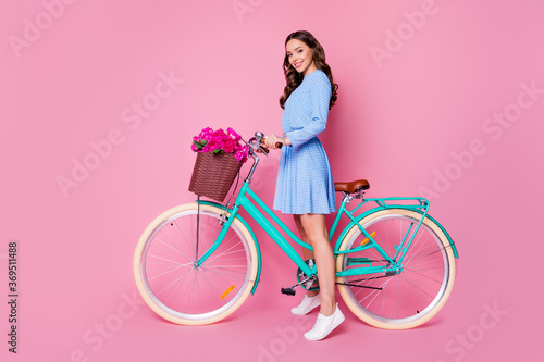 Full length body size profile side view of her she attractive cheerful wavy-haired lady florist riding bike wearing smart casual delivering fresh floristry order isolated pink pastel color background © deagreez