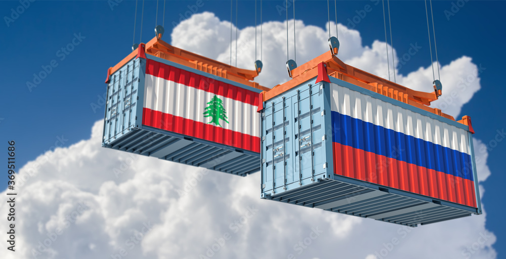 Freight containers with Russia and Lebanon flag. 3D Rendering 
