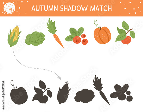 Autumn shadow matching activity for children. Fall season puzzle with cute vegetables. Simple educational game for kids with harvest. Find the correct silhouette printable worksheet. .