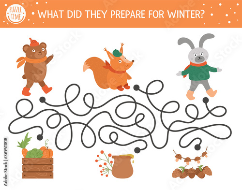 Autumn maze for children. Preschool printable educational activity. Funny fall season puzzle with cute woodland animals and harvest. What did they prepare for winter. Forest game for kids. .